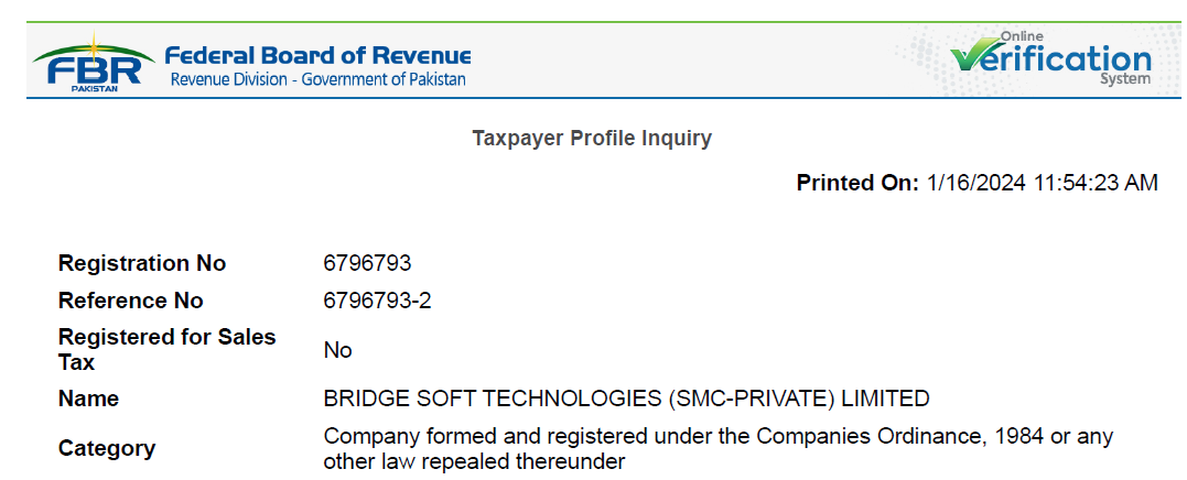 Federal Board of Revenue Certificate